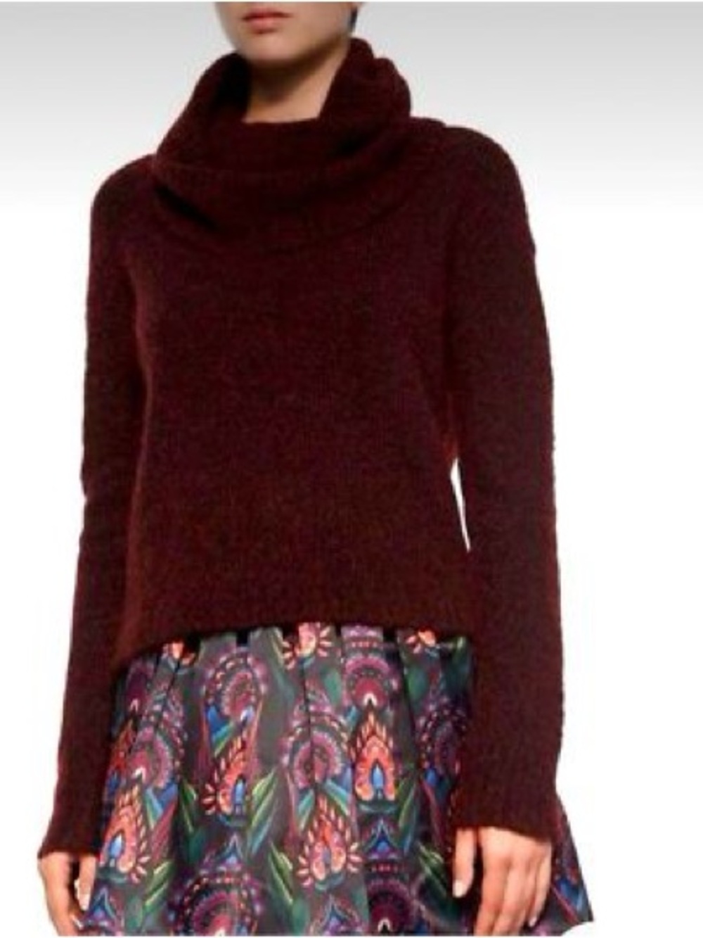 Alice + Olivia Gavin Cowl-Neck Pullover Knit Fuzzy Wool Sweater in Maroon L